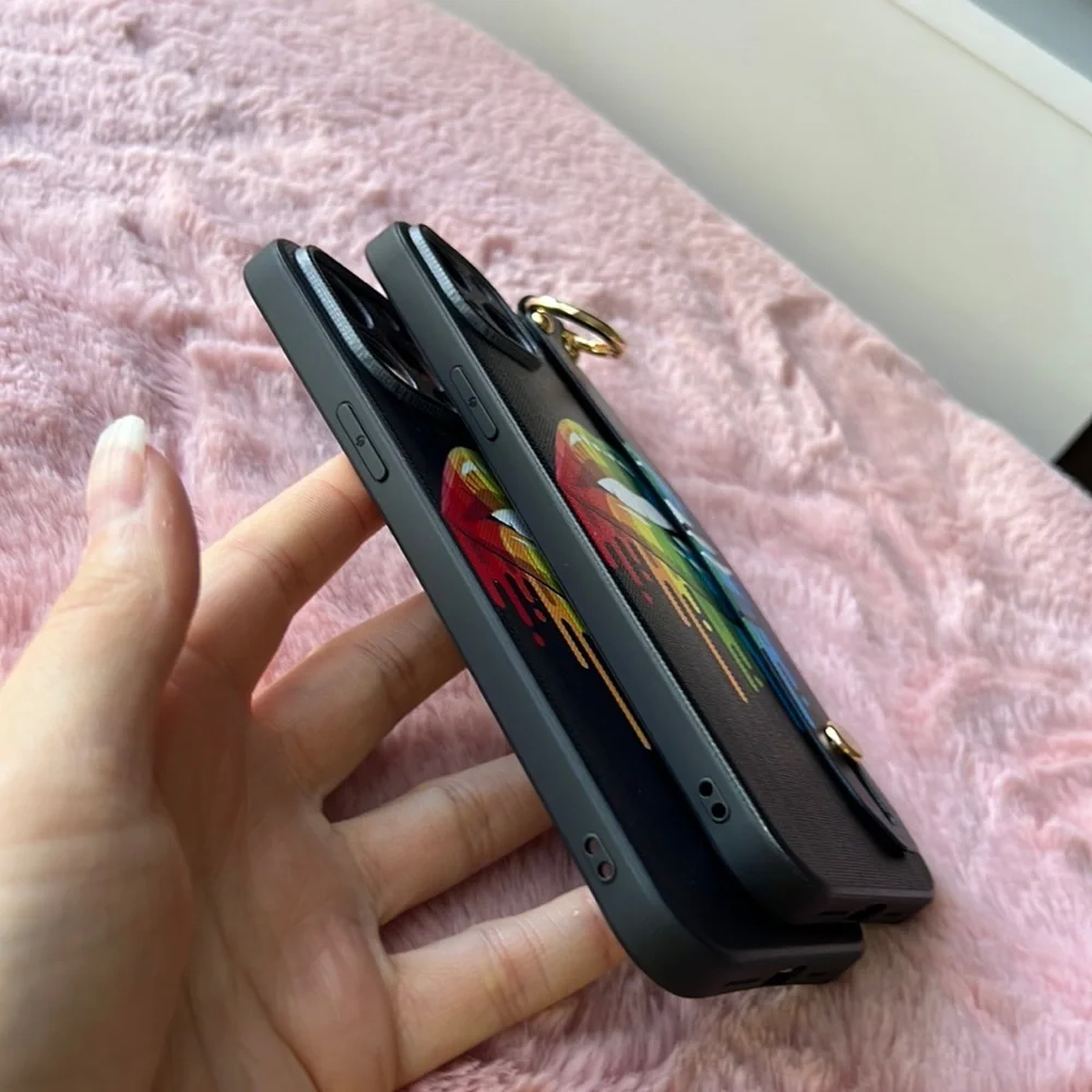 For iPhone 14 plus,14 pro max phone case with wrist strap kickstand keychain